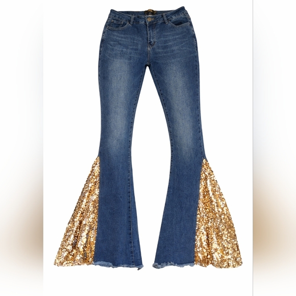 Lucky & Blessed Size 16 Medium Wash Sequin Flared Jeans - Picture 3 of 8